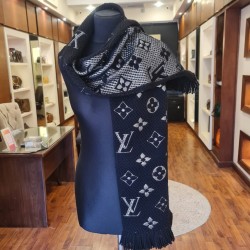 Louis Vuitton Logomania Shine scarf in black wool and silk blend with a metallic silver monogram pattern