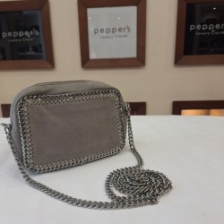 Stella McCartney Falabella bag in a grey faux-suede material with a signature diamond-cut chain trim
