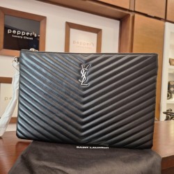 Saint Laurent Matelassé Document Holder Clutch featuring black chevron-quilted leather - NEW