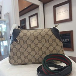 Gucci GG Supreme Monogram Textured Calfskin Small Emblem Shoulder Bag in black - NEW