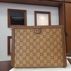 Gucci Ophidia Leather-Trimmed Logo-Jacquard Raffia Pouch in a natural and brown colorway. - NEW