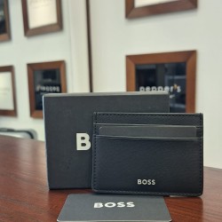 BOSS Randy card holder in black leather with silver logo lettering - NEW